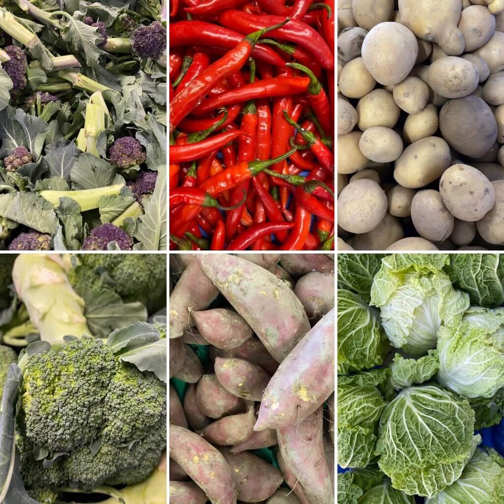 collage with six panes of various root vegetables, peppers, and cabbage