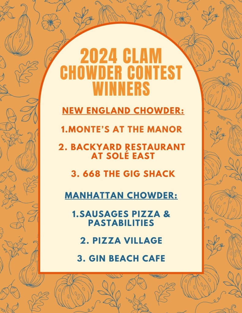 2024 Clam Chowder Contest Winners List: New England Chowder: 1. Monte's at the Manor 2. Backyard Restaurant at Sole East 3. 668 The Gig Shack Manhattan Chowder: 1. Sausages Pizza and Pastabilities 2. Pizza Village 3. Gin Beach Cafe