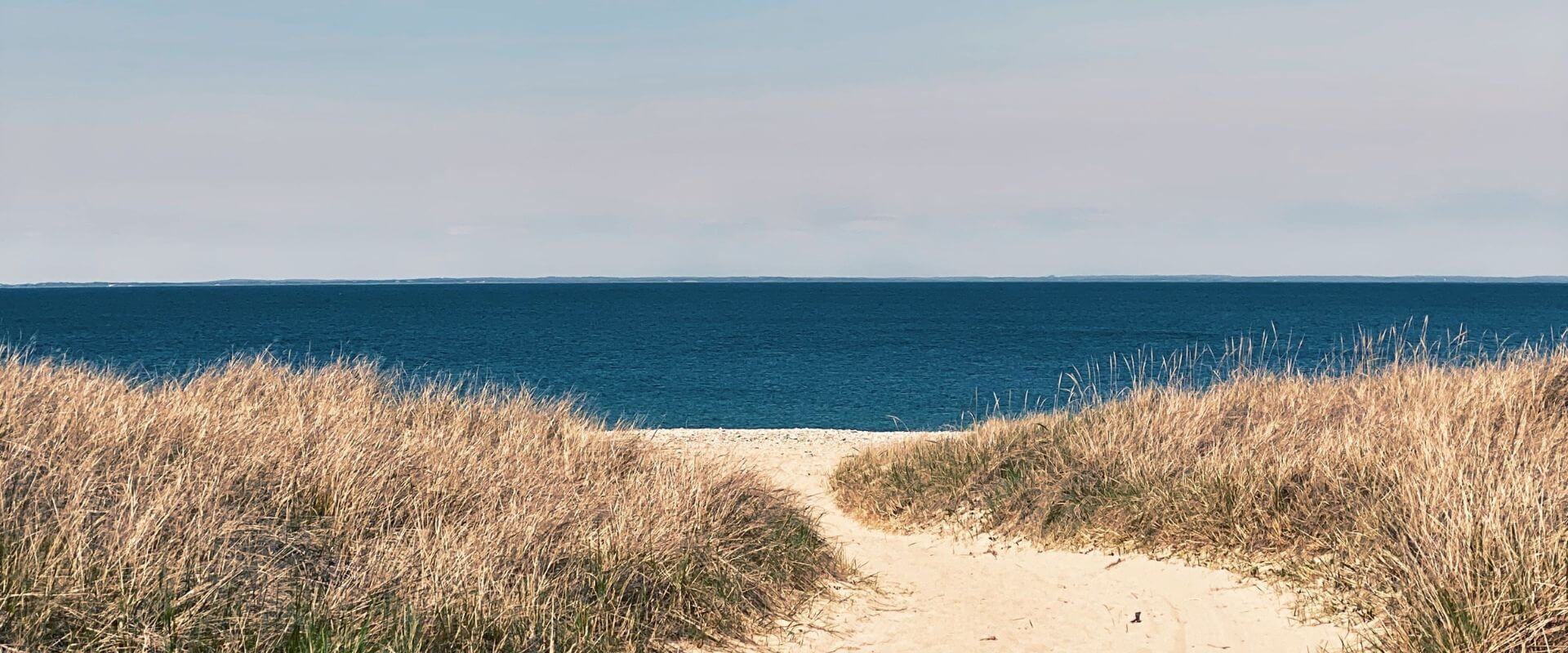 White sand dunes and sea grass opening up to a deep blue sea.