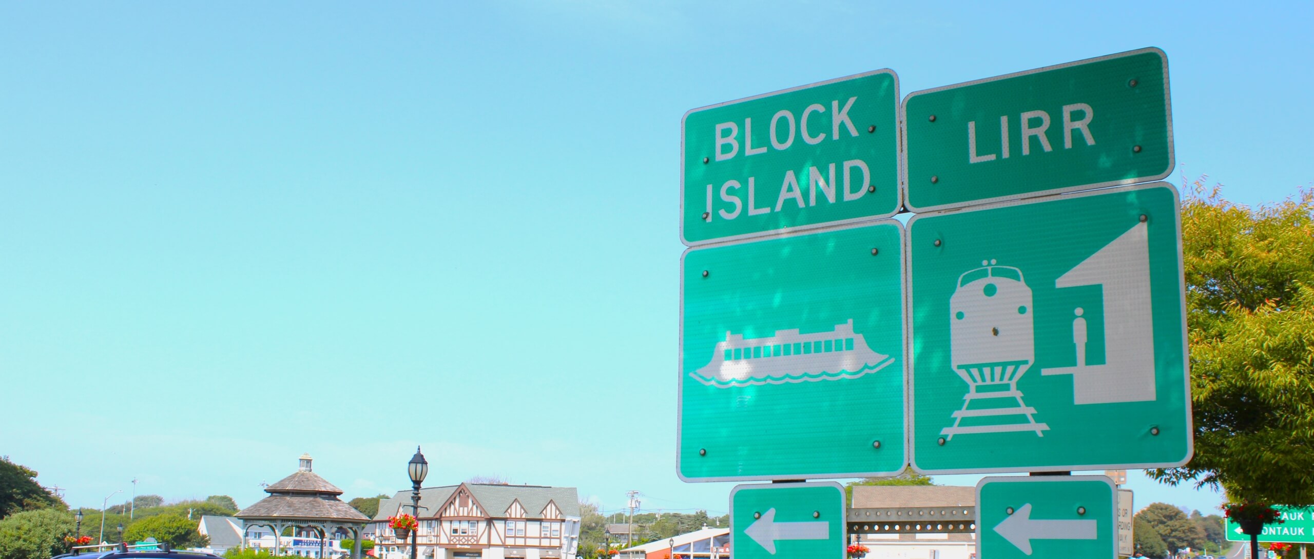 Montauk Transportation Signs in Downtown, Sign for Block Island Ferry, Sign for Long Island Railroad, August 2024