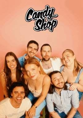 Candy Shop Band seated in front of a peach background, Candy Shop band logo atop
