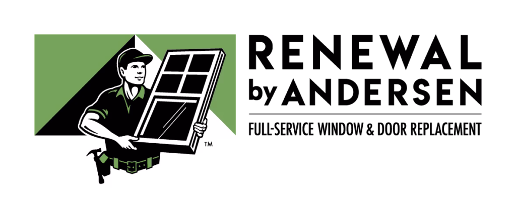 Logo for Renewal by Andersen Full-service window and door replacement. Logo with man holding window
