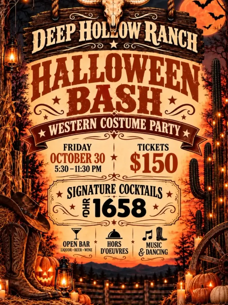 Deep Hollow Ranch Halloween Bash western costume party. Friday, October 30, 5:30pm to 11:30pm. Tickets for $150. Featuring signature cocktails DHR 1658. Includes Open bar with liquor, beer, wine, hors d'oeuvres, music and daning. Flyer is lined with spooky western imagery including pumpkins, candles, farm fencing, catcus, boots, bats.
